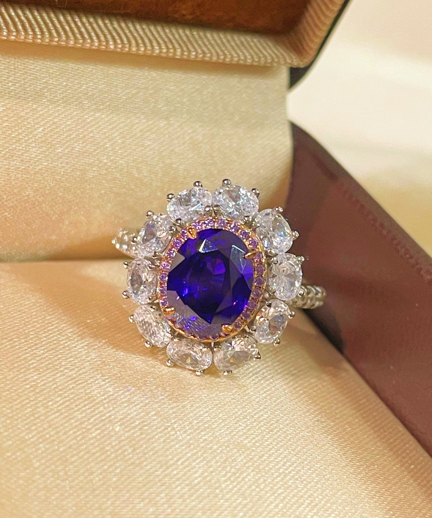 Violet Sapphire & Pink Diamond Halo Statement Ring - floysun
