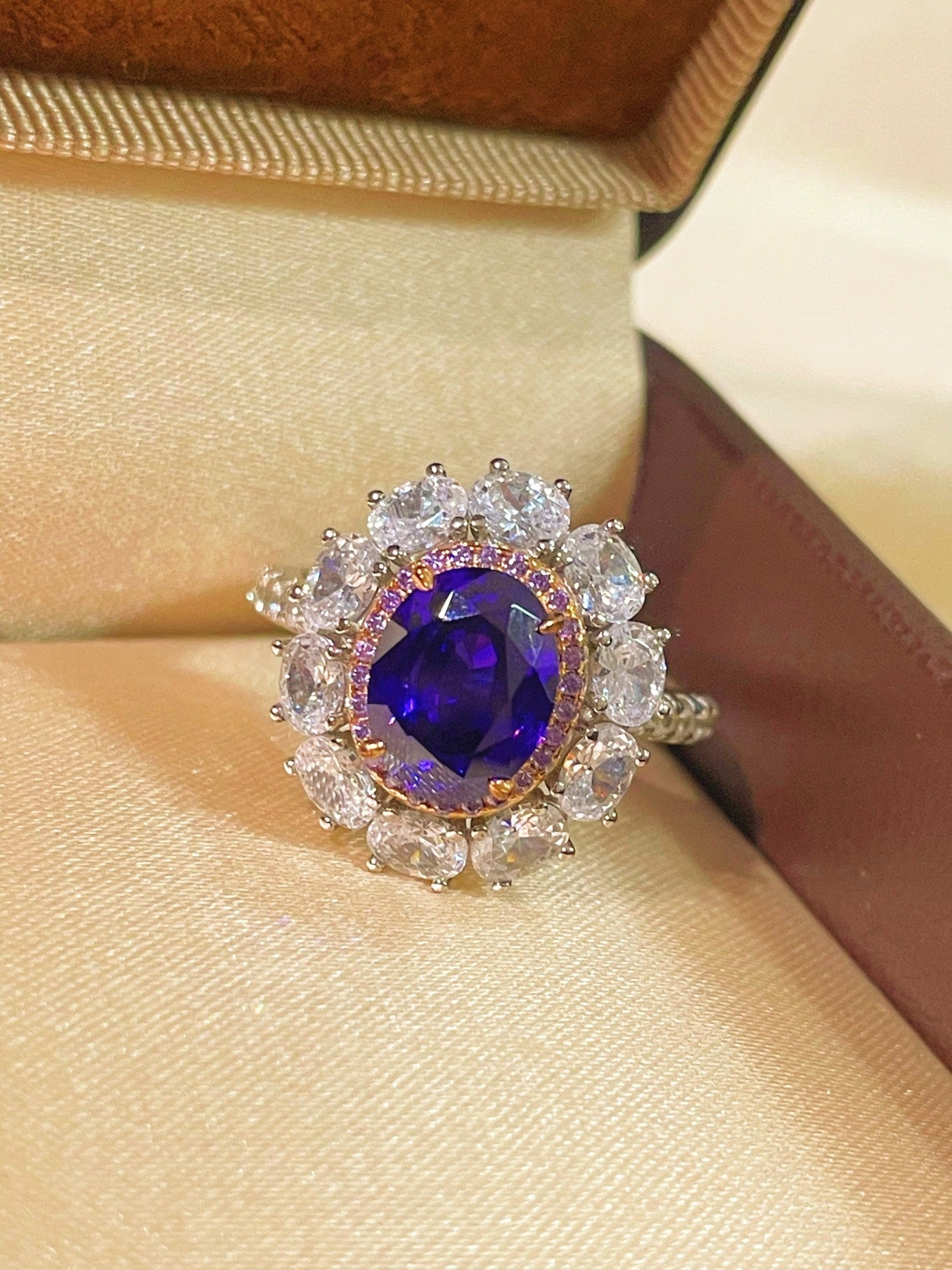 Violet Sapphire & Pink Diamond Halo Statement Ring - floysun