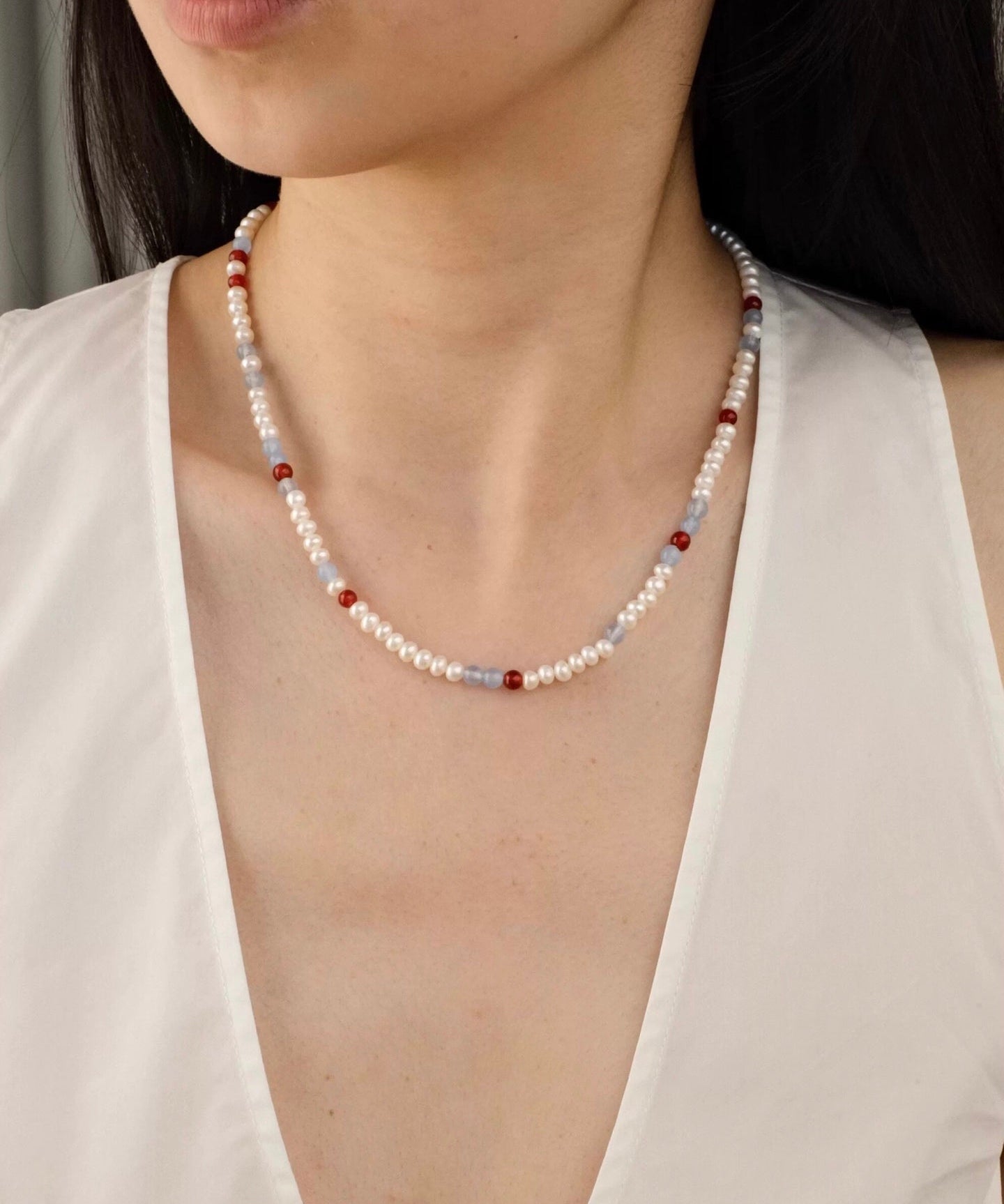 Waltz in Color Red & Blue Agate Pearl Necklace - floysun