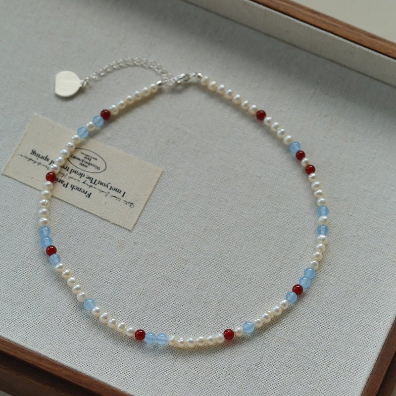 Waltz in Color Red & Blue Agate Pearl Necklace - floysun