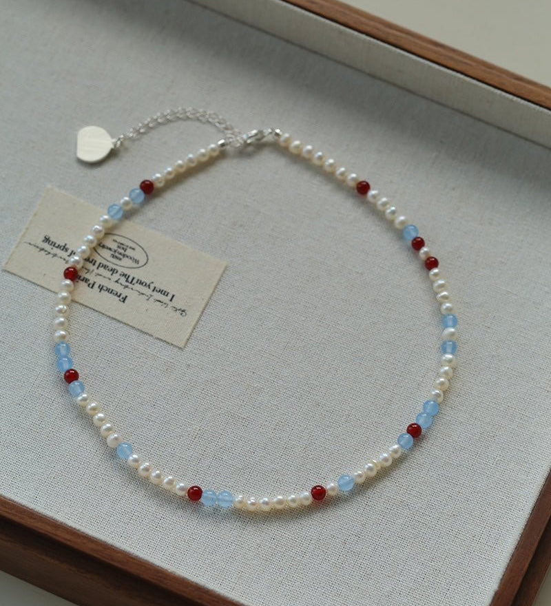 Waltz in Color Red & Blue Agate Pearl Necklace - floysun