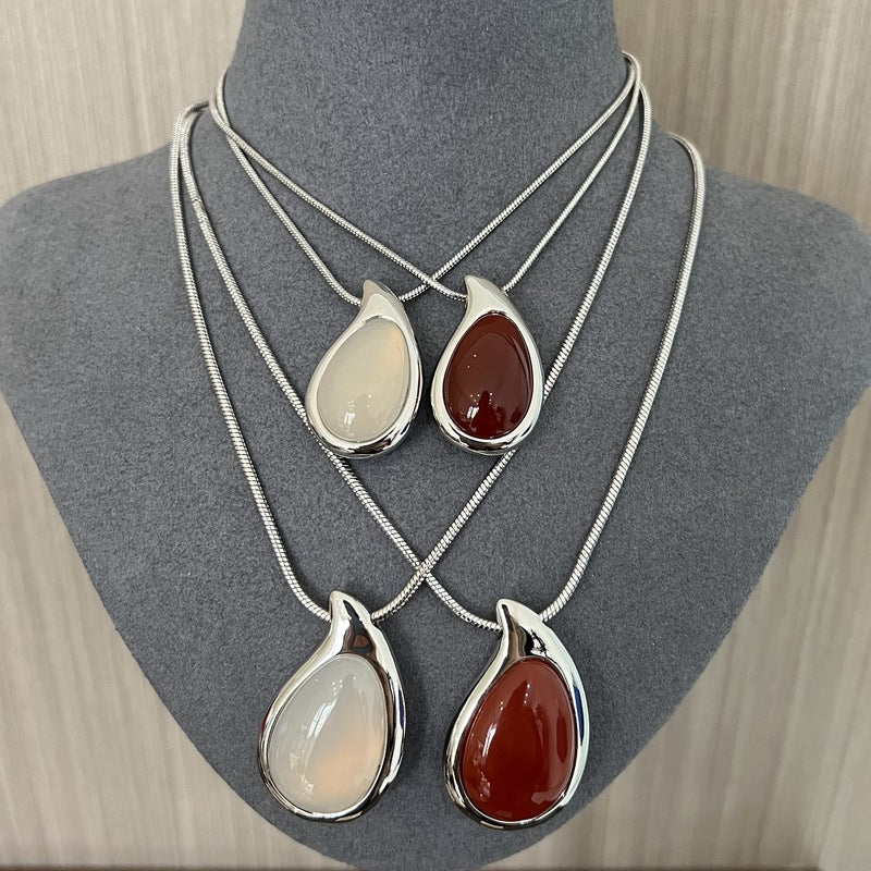 Waterdrop White Agate Red Agate Long Pendant Necklace - floysun
