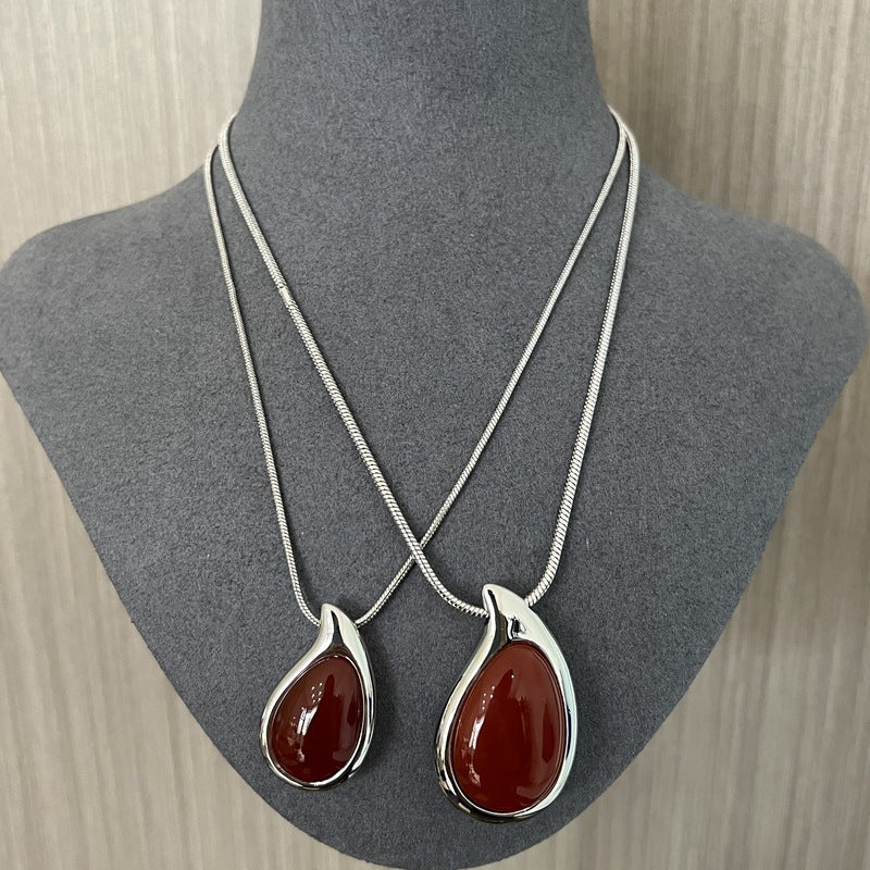 Waterdrop White Agate Red Agate Long Pendant Necklace - floysun