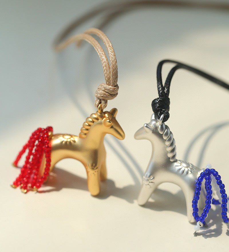 Whimsical Pony Charm Necklace – Adjustable Woven Cord with Glass Bead Tail - floysun