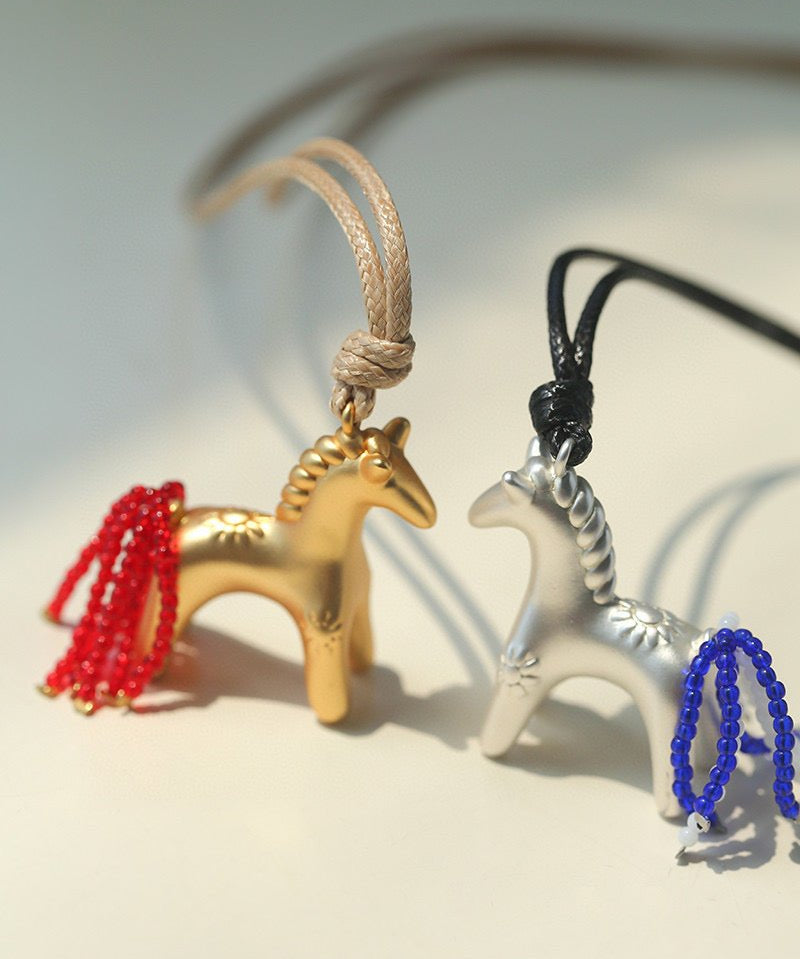 Whimsical Pony Charm Necklace – Adjustable Woven Cord with Glass Bead Tail - floysun