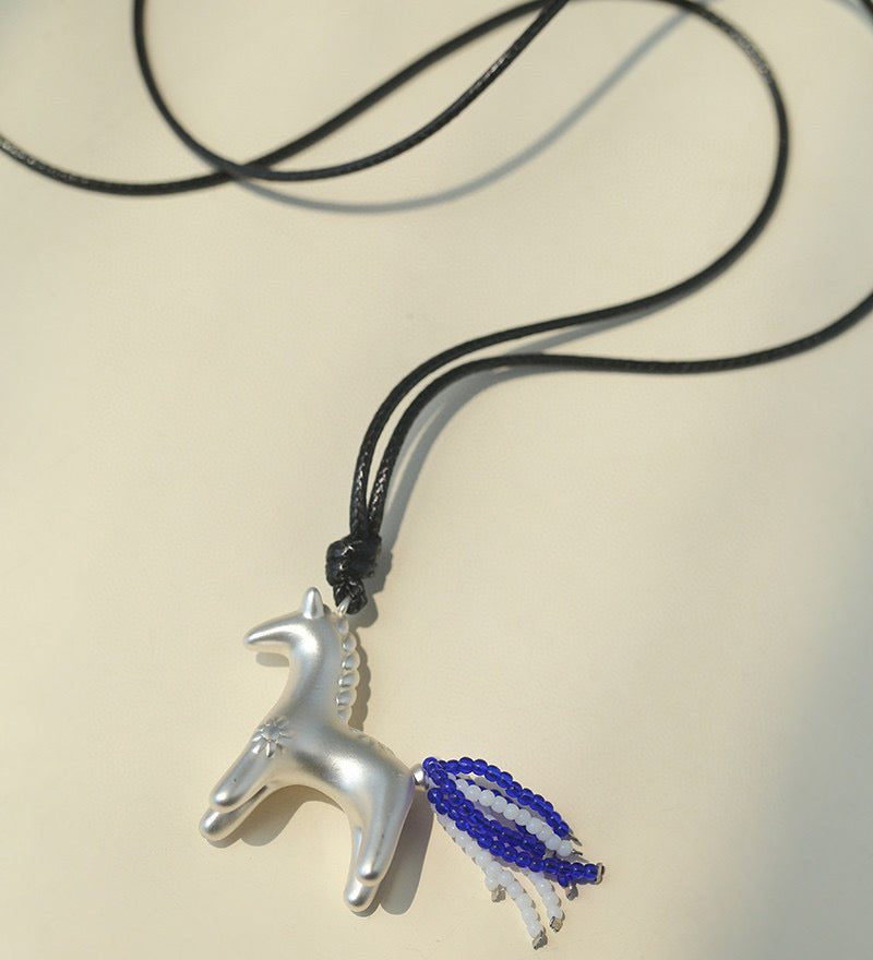 Whimsical Pony Charm Necklace – Adjustable Woven Cord with Glass Bead Tail - floysun