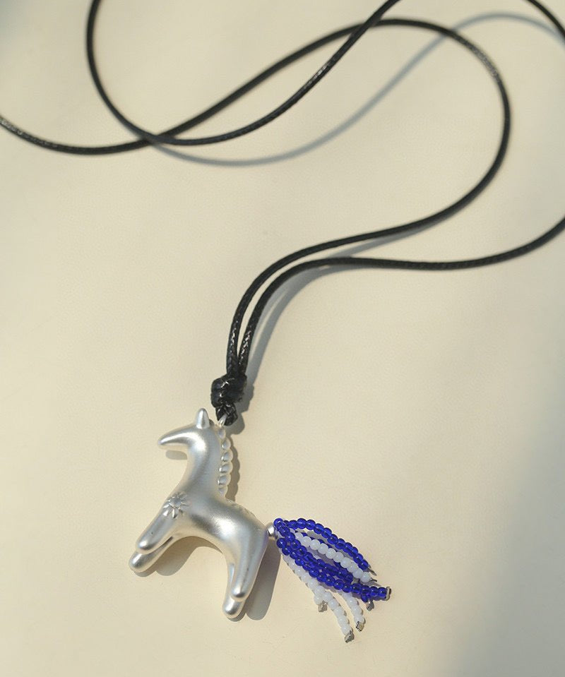 Whimsical Pony Charm Necklace – Adjustable Woven Cord with Glass Bead Tail - floysun