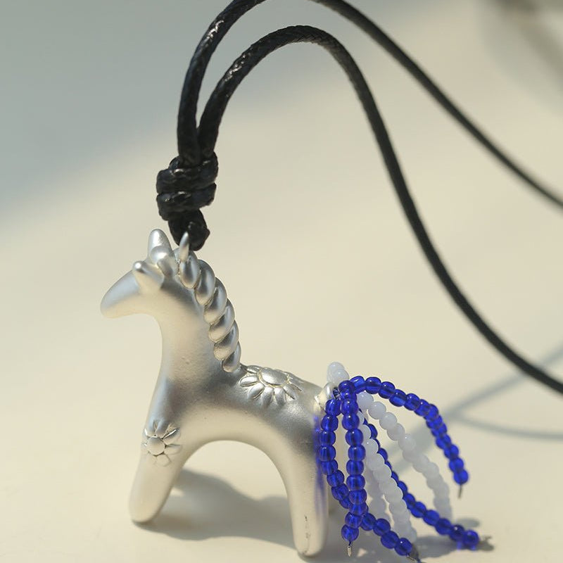 Whimsical Pony Charm Necklace – Adjustable Woven Cord with Glass Bead Tail - floysun