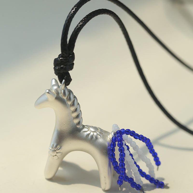 Whimsical Pony Charm Necklace – Adjustable Woven Cord with Glass Bead Tail - floysun