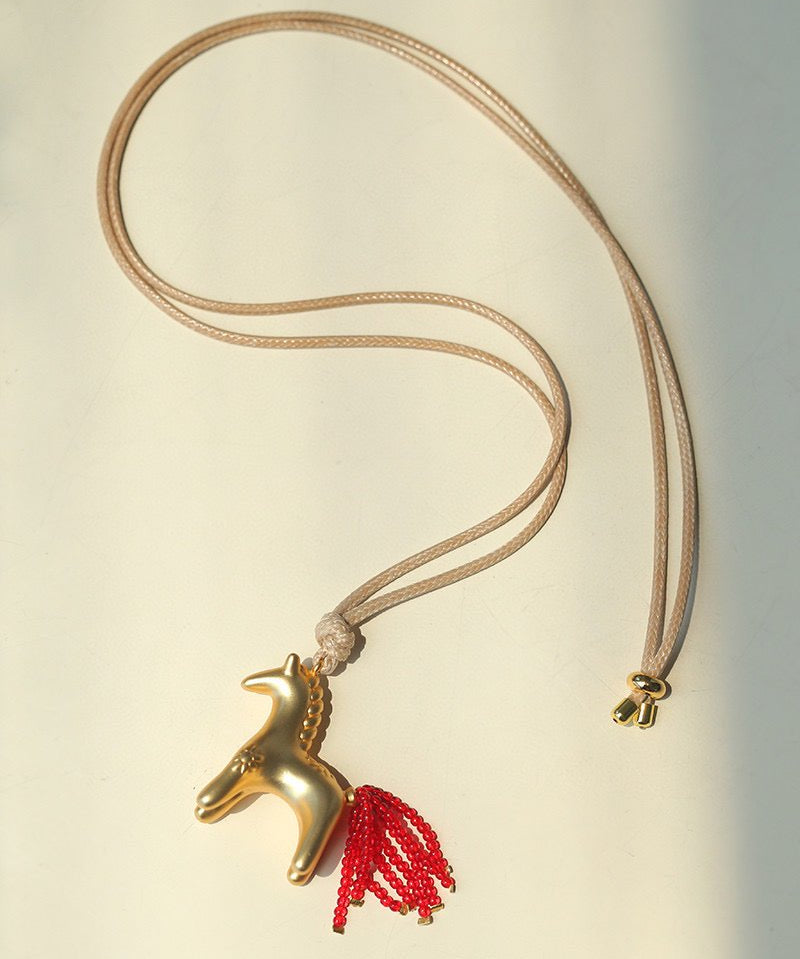 Whimsical Pony Charm Necklace – Adjustable Woven Cord with Glass Bead Tail - floysun