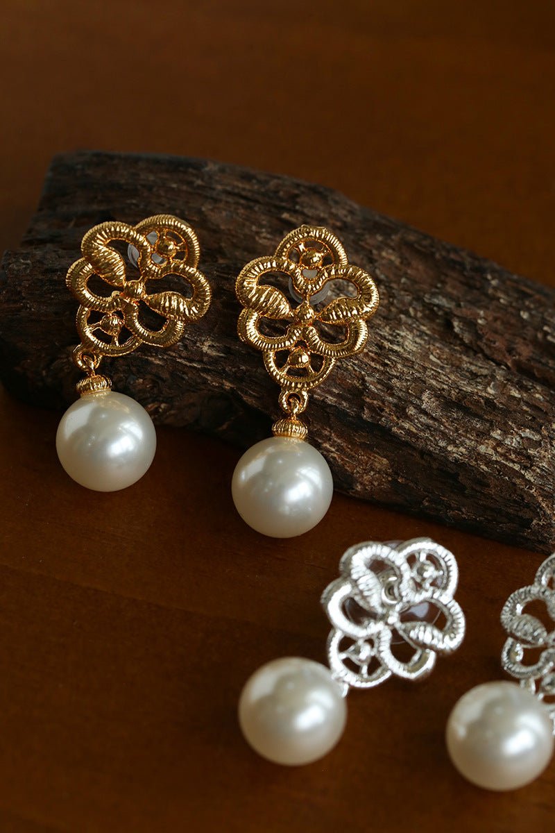 Whisper of Lace Bridal Pearl Earrings - Gold - floysun