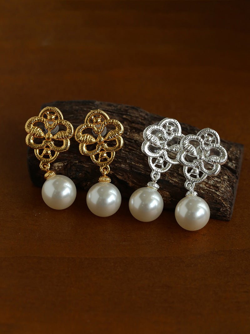 Whisper of Lace Bridal Pearl Earrings - Gold - floysun