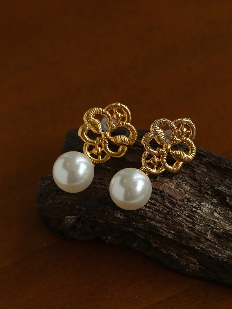 Whisper of Lace Bridal Pearl Earrings - Gold - floysun