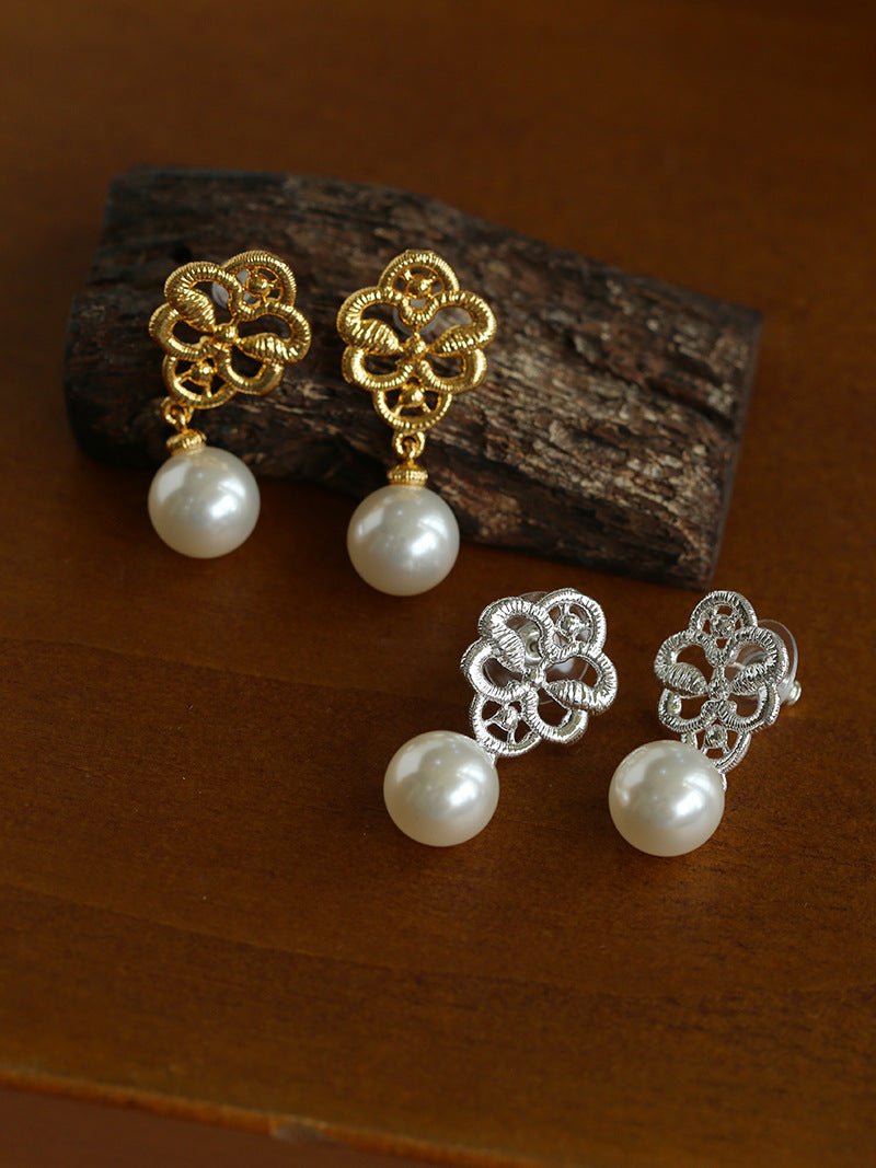 Whisper of Lace Bridal Pearl Earrings - Gold - floysun