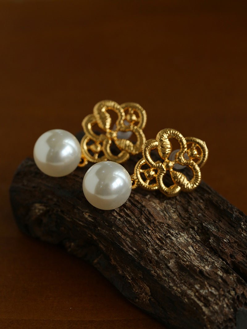 Whisper of Lace Bridal Pearl Earrings - Gold - floysun