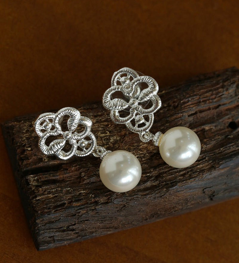 Whisper of Lace Bridal Pearl Earrings - Silver - floysun