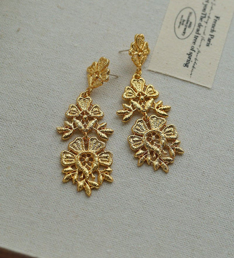 Whisper of Lace Embroidered Metal Earrings - Gold - floysun