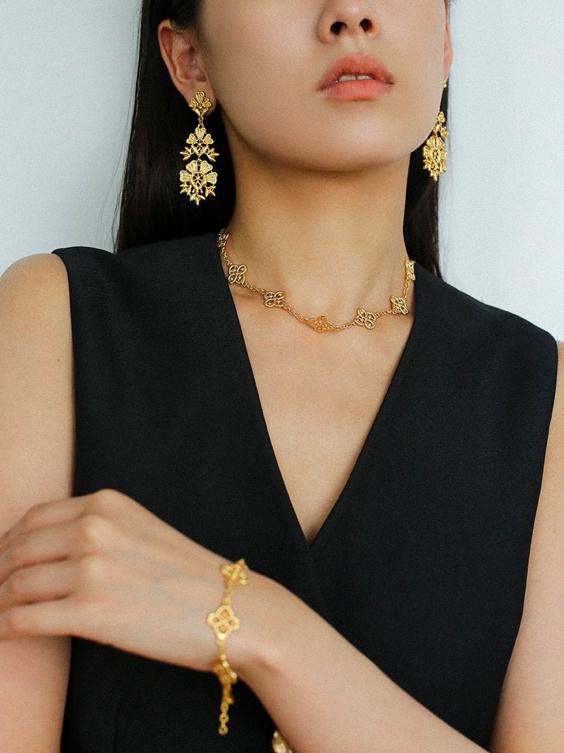 Whisper of Lace Embroidered Metal Earrings - Gold - floysun