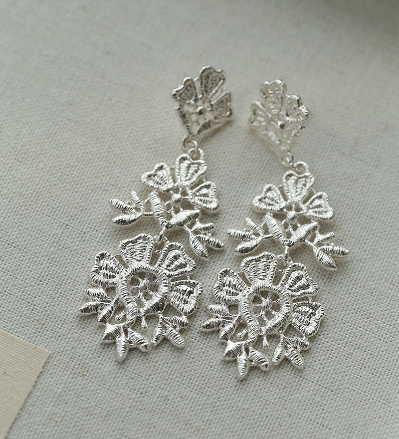 Whisper of Lace Embroidered Metal Earrings - Silver - floysun