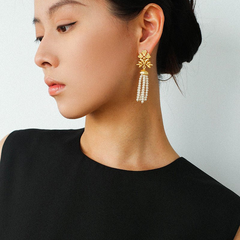 Whisper of Lace Pearl Tassel Earrings - Gold - floysun