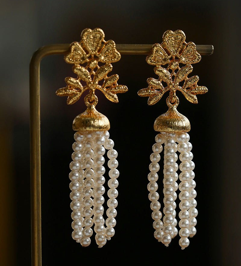 Whisper of Lace Pearl Tassel Earrings - Gold - floysun