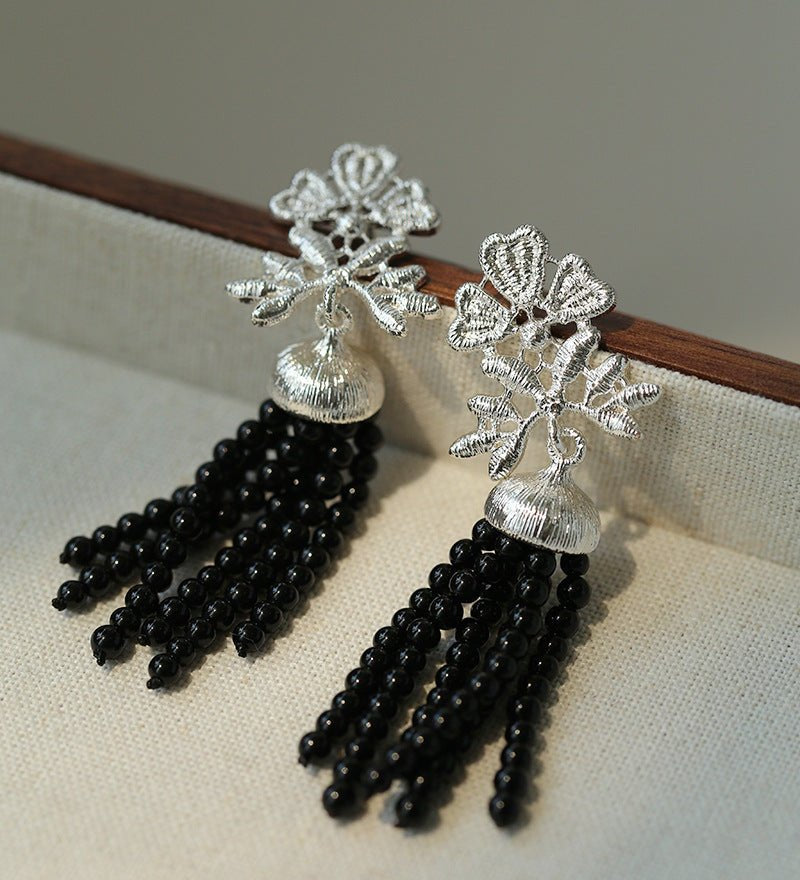 Whisper of Lace Pearl Tassel Earrings - Silver Black Onyx - floysun