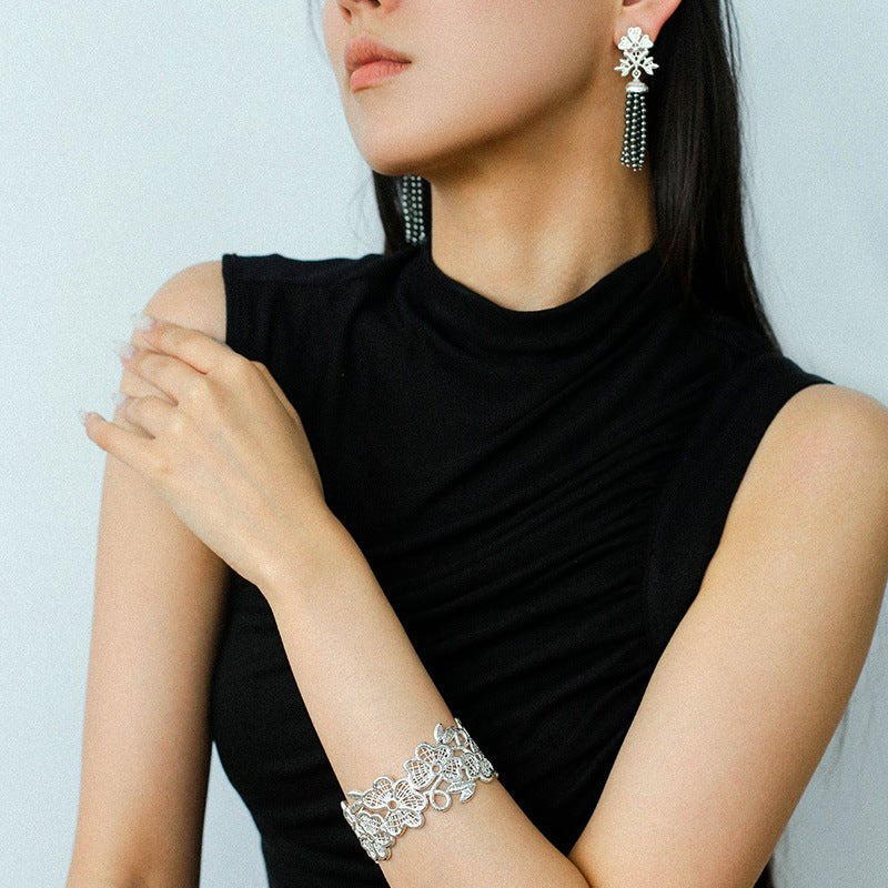 Whisper of Lace Pearl Tassel Earrings - Silver Gray Pearl - floysun