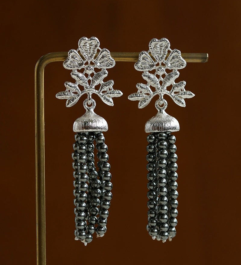 Whisper of Lace Pearl Tassel Earrings - Silver Gray Pearl - floysun