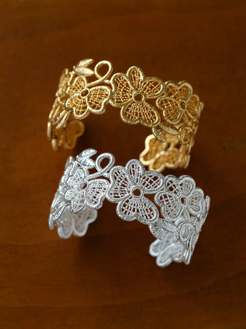 Whisper of Lace Wide Embroidered Cuff Bracelet - Gold - floysun