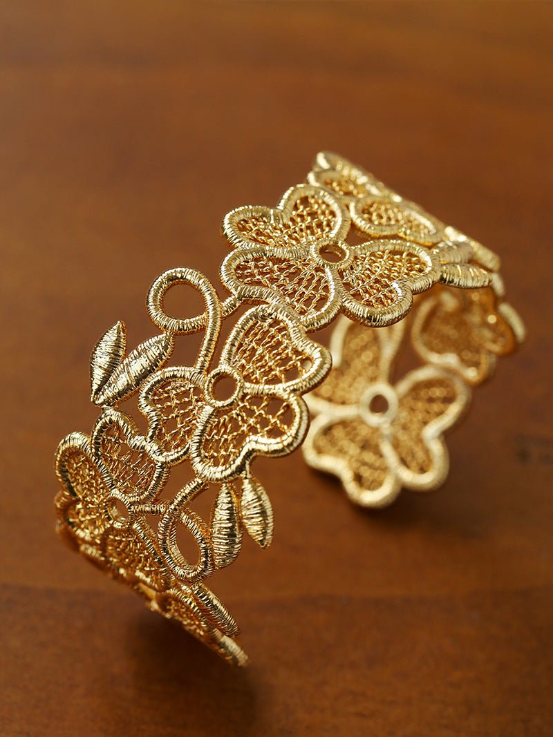 Whisper of Lace Wide Embroidered Cuff Bracelet - Gold - floysun