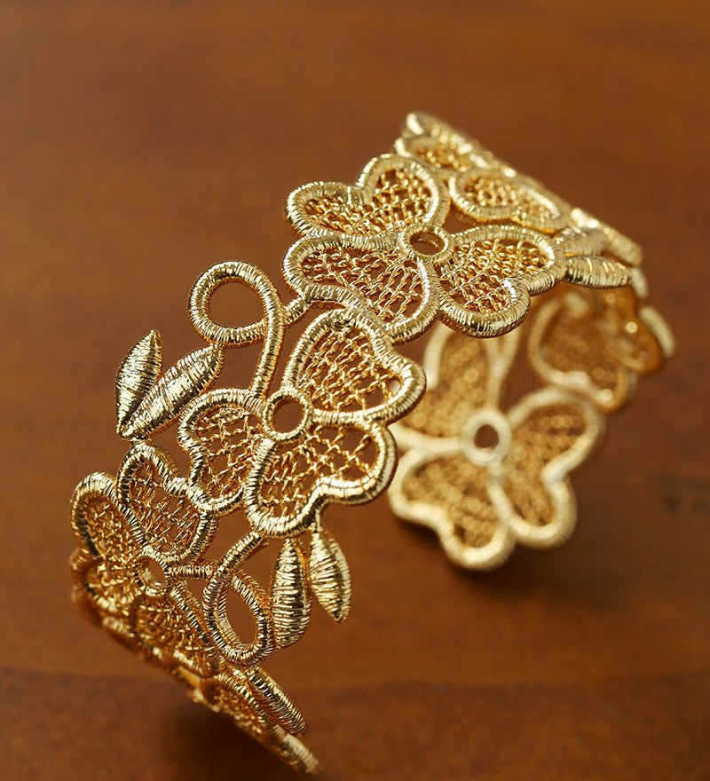 Whisper of Lace Wide Embroidered Cuff Bracelet - Gold - floysun