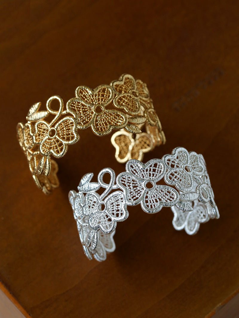 Whisper of Lace Wide Embroidered Cuff Bracelet - Gold - floysun
