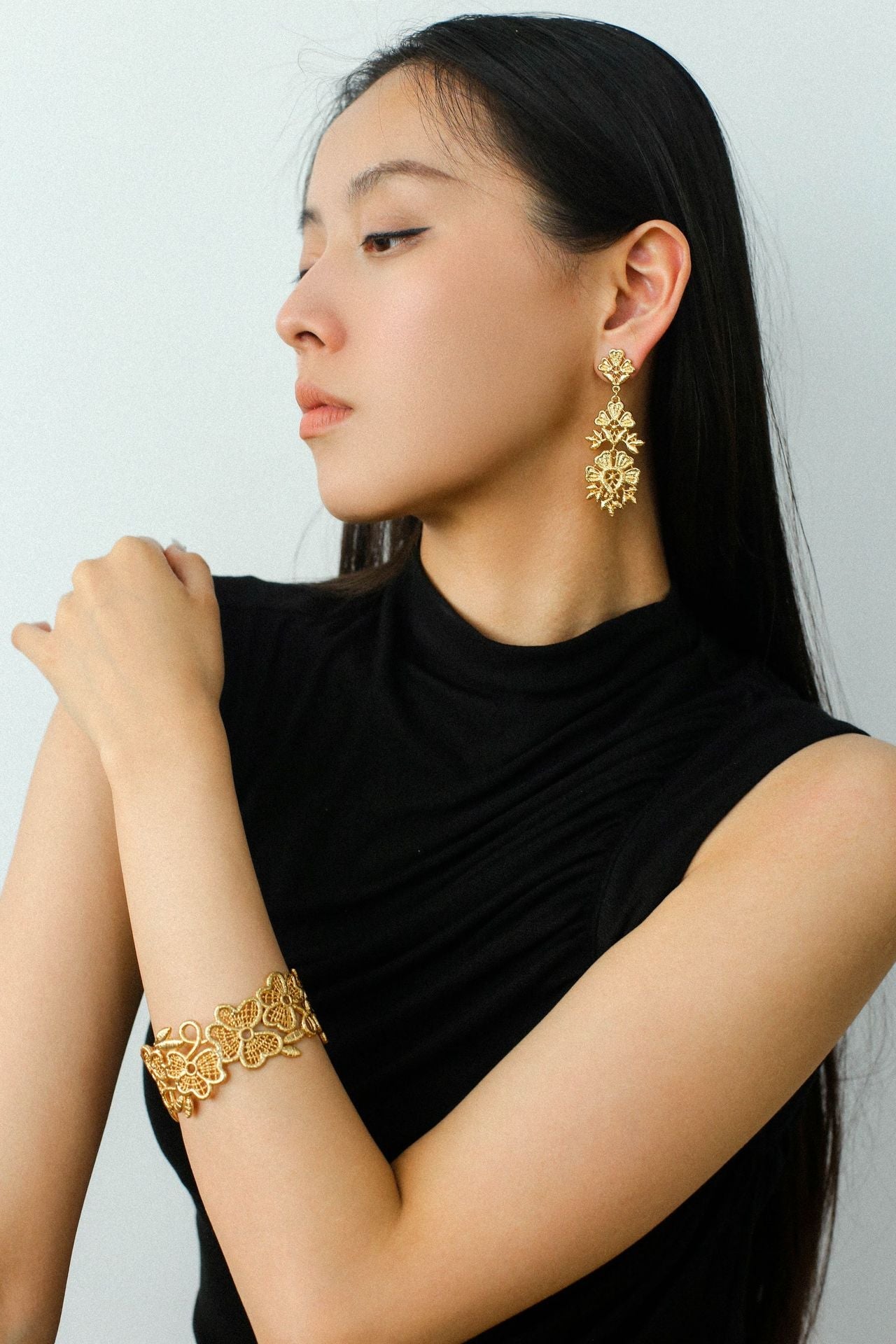 Whisper of Lace Wide Embroidered Cuff Bracelet - Gold - floysun
