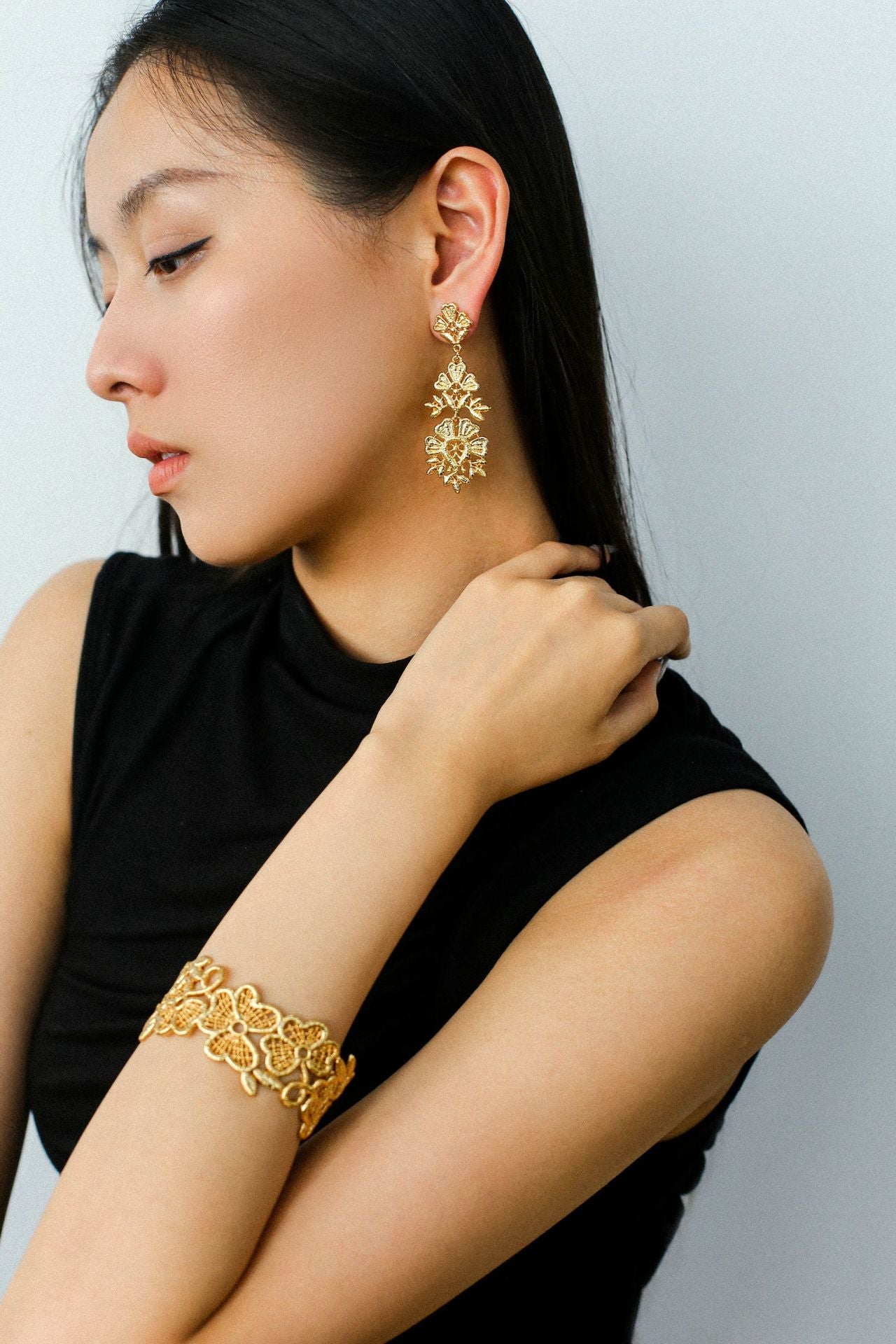 Whisper of Lace Wide Embroidered Cuff Bracelet - Gold - floysun