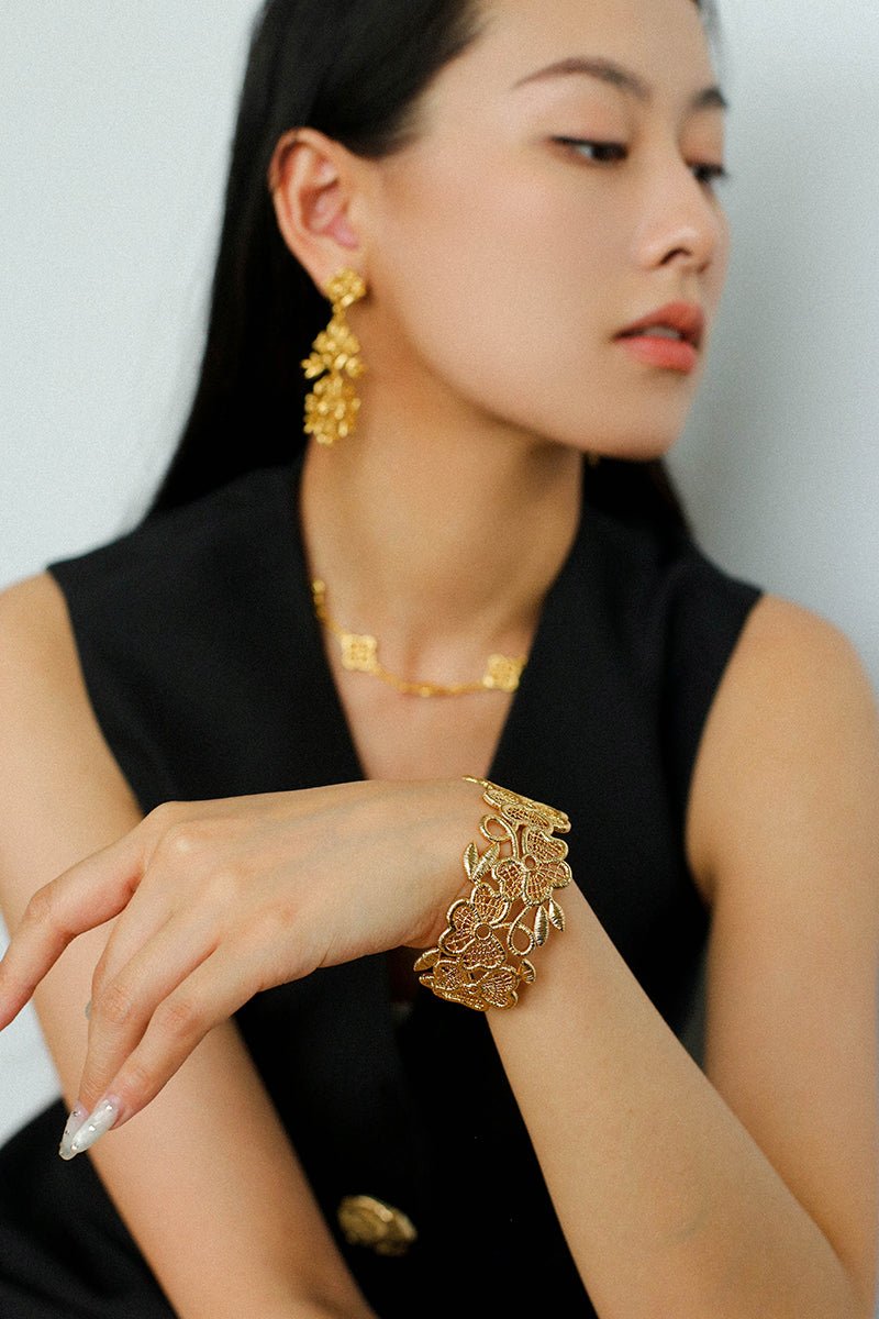 Whisper of Lace Wide Embroidered Cuff Bracelet - Gold - floysun