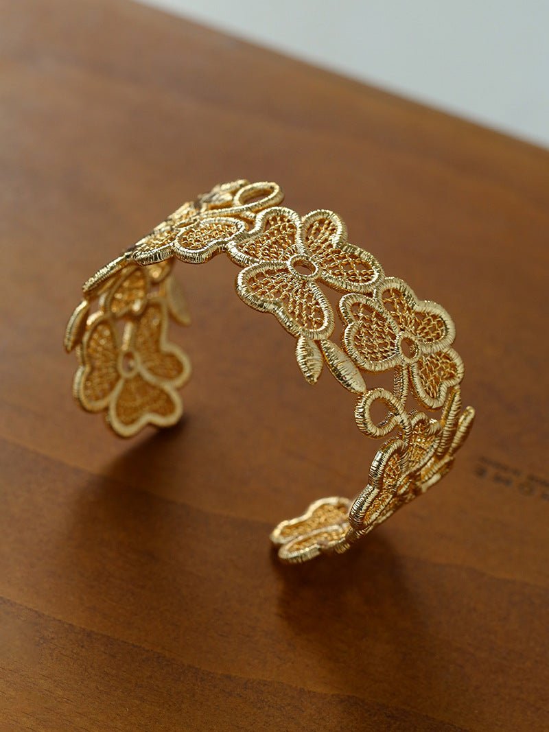 Whisper of Lace Wide Embroidered Cuff Bracelet - Gold - floysun