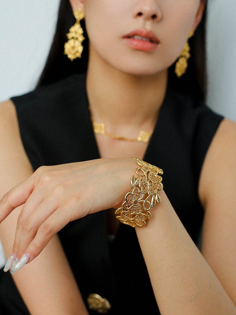 Whisper of Lace Wide Embroidered Cuff Bracelet - Gold - floysun