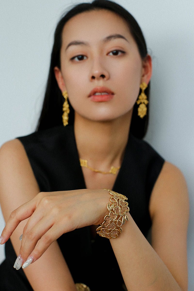 Whisper of Lace Wide Embroidered Cuff Bracelet - Gold - floysun