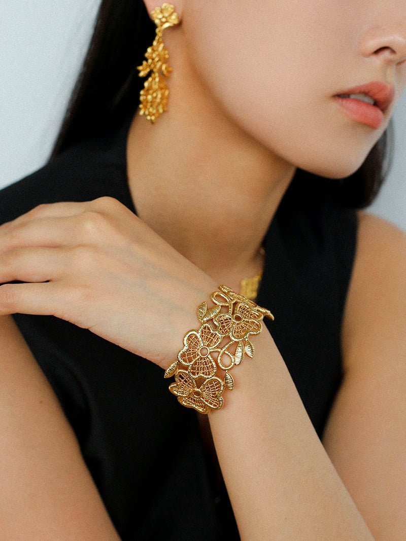Whisper of Lace Wide Embroidered Cuff Bracelet - Gold - floysun
