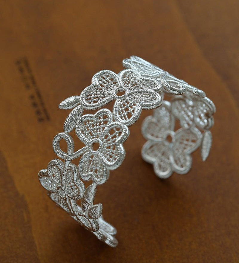 Whisper of Lace Wide Embroidered Cuff Bracelet - Silver - floysun