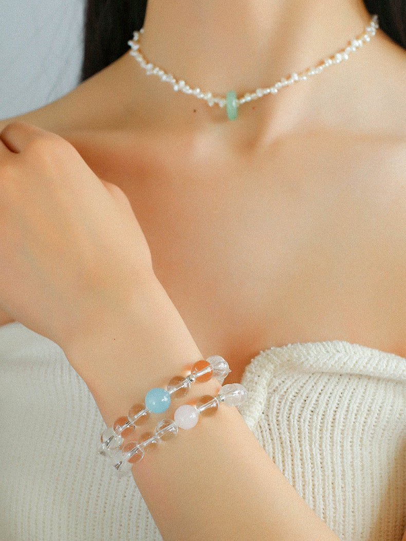 White Crystal Beaded Stretch Bracelet - floysun