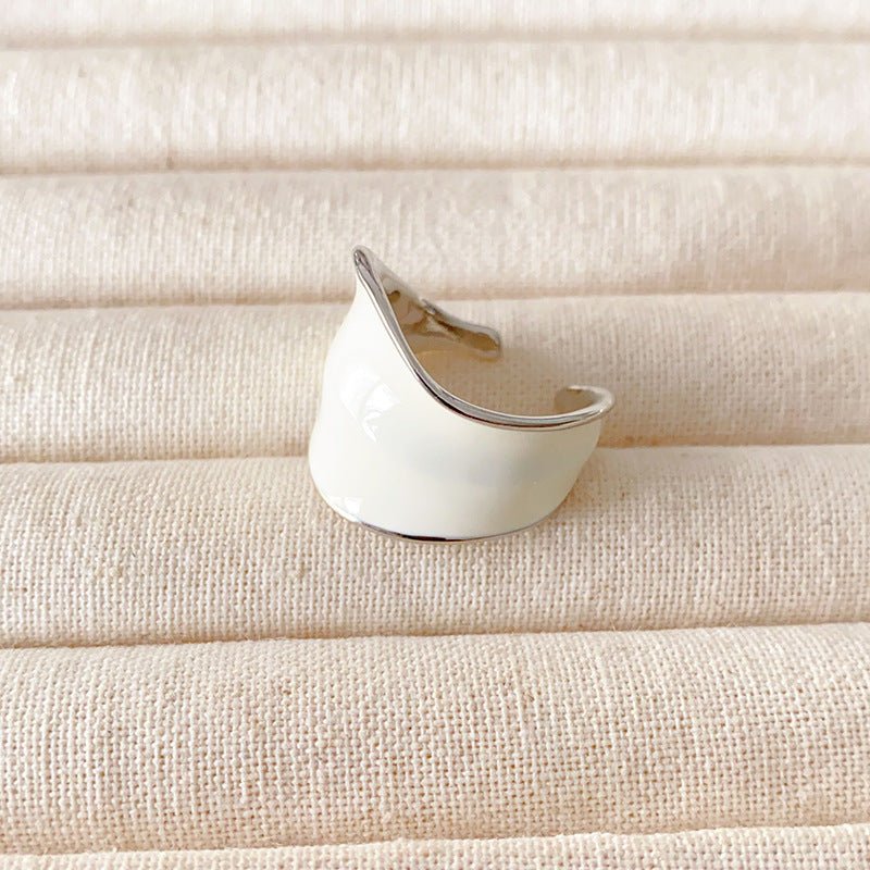 White Enamel Scroll Leaf Wide Open Ring - floysun