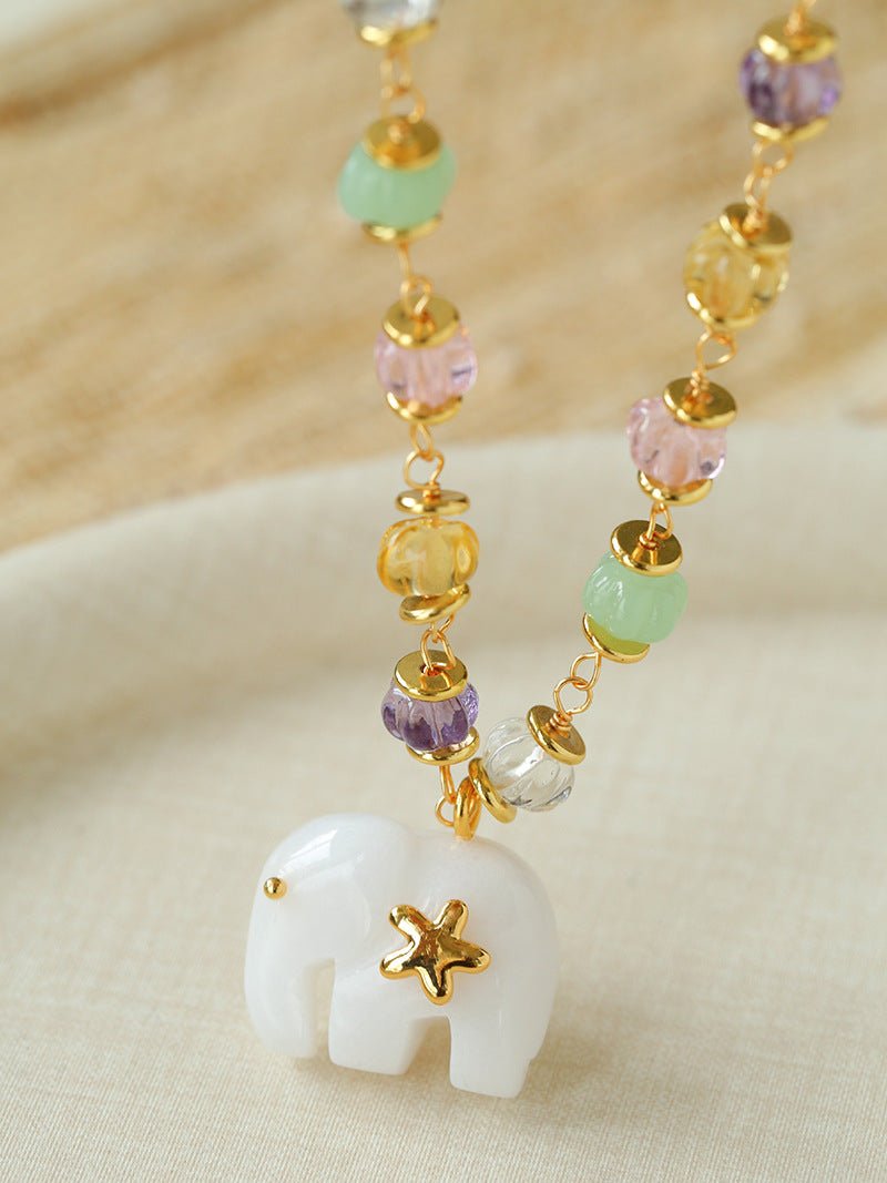 White Jade Elephant Glass Beaded Necklace - floysun