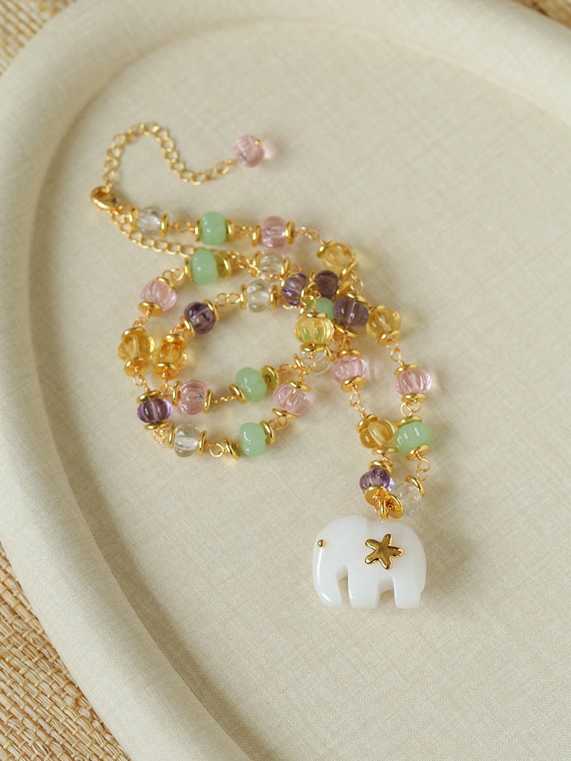 White Jade Elephant Glass Beaded Necklace - floysun