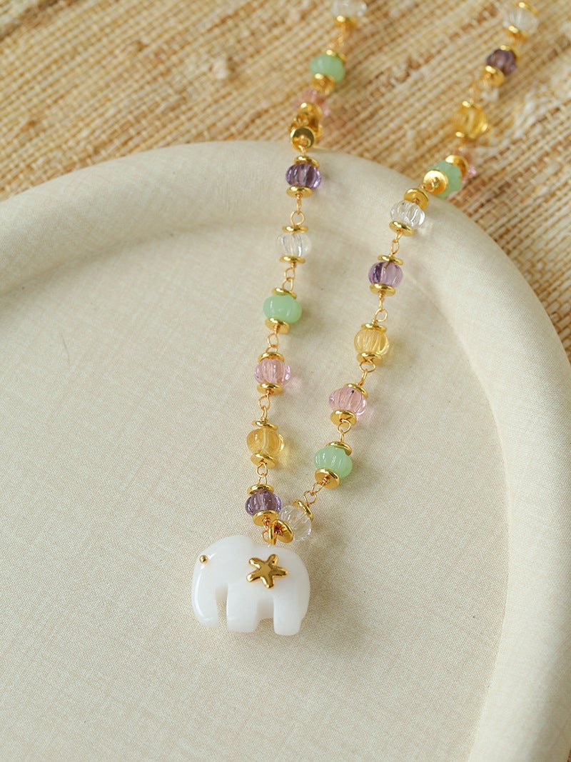 White Jade Elephant Glass Beaded Necklace - floysun