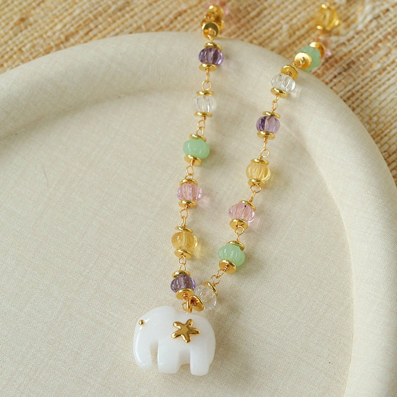 White Jade Elephant Glass Beaded Necklace - floysun