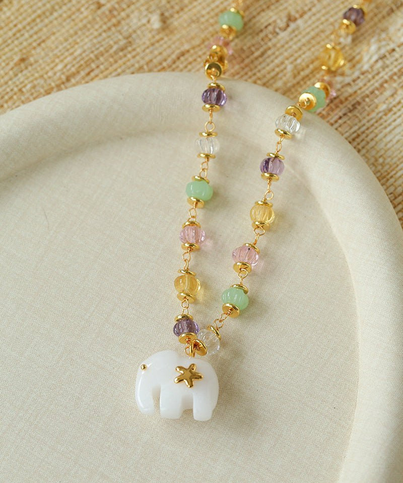 White Jade Elephant Glass Beaded Necklace - floysun