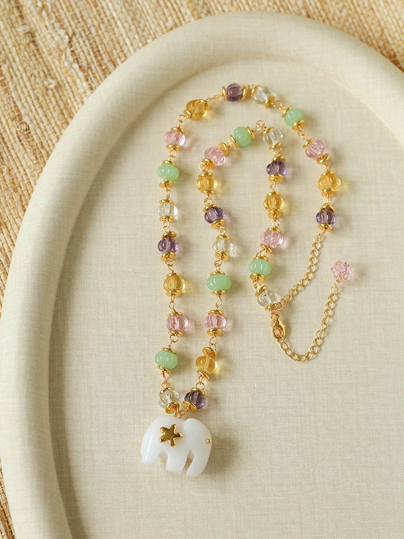 White Jade Elephant Glass Beaded Necklace - floysun