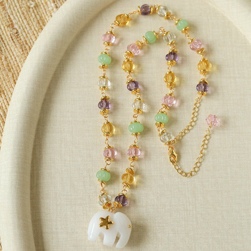White Jade Elephant Glass Beaded Necklace - floysun