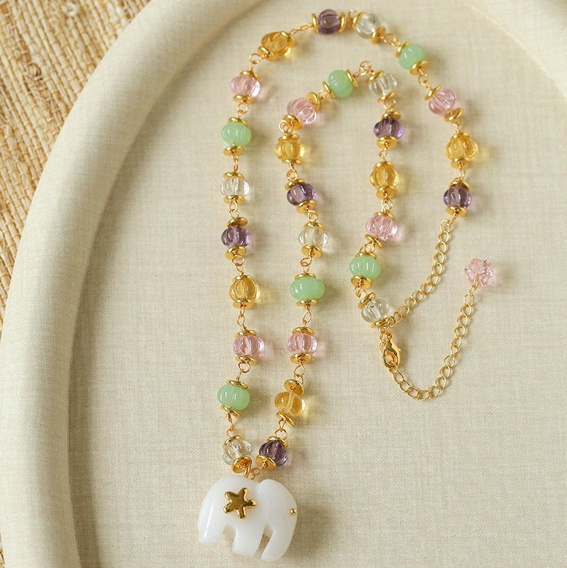 White Jade Elephant Glass Beaded Necklace - floysun